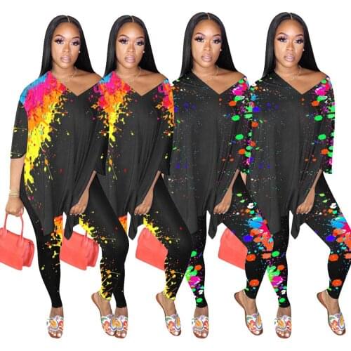 2020 new arrival women clothing printing slit V-neck two piece suit