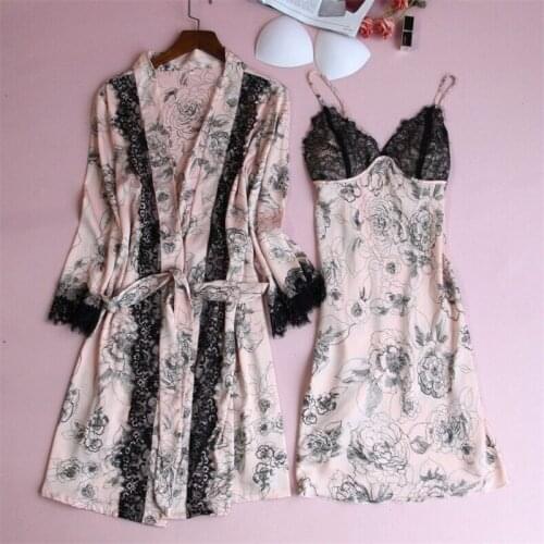 2021 Spring 2 Pcs Set Women Silk Printing Kimono Robe Sexy Lingerie Women Wedding Party Bridesmaid Robe Satin Nightgown Bathrobe