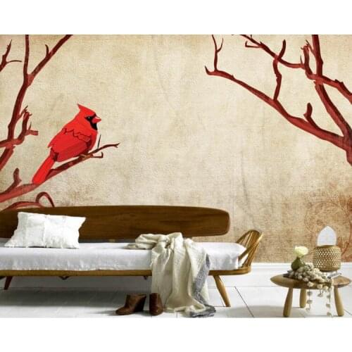 Custom 3d murals, Nostalgic retro red birds on branches papel de parede,living room sofa TV wall bedroom wallpaper mural kids