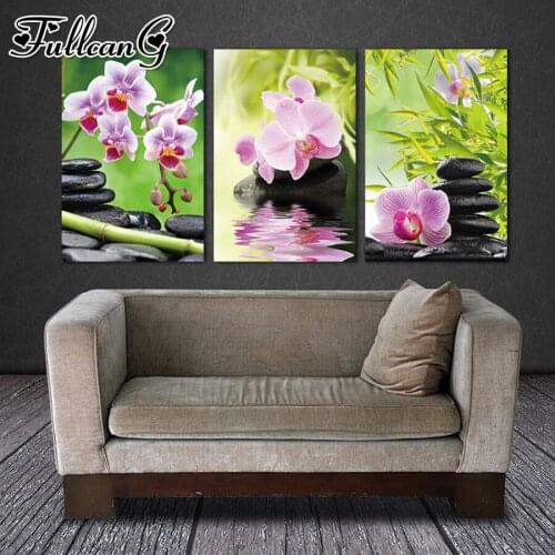 FULLCANG 5d diy diamond embroidery pink orchid black stone diamond painting triptych full square round drill flower decor FC2022