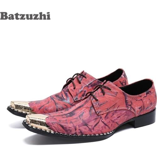 Batzuzhi Brand Luxury Men Shoes Metal Tip Genuine Leather Dress Shoes Lace-up Chaussure Homme Party and Wedding Footwear