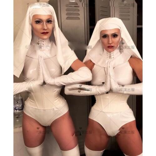 Customized Black White nun sexy patent leather bar gogo costume party girl stage show halloween cosplay cosutmes