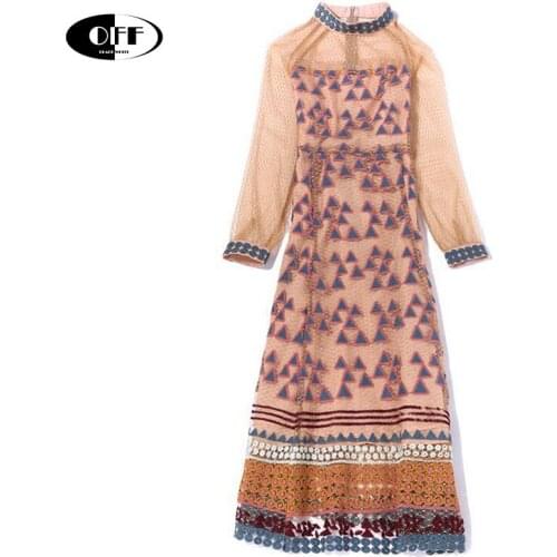 Designer Mesh Patchwork Midi Woman Dress Elegant Hollow Out Autumn Long Sleeve Vintage Female Lady Pparty Night Dresses Vestidos