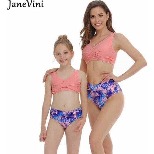JaneVini Pink Bikini Set Parent-child Swimwear Mother Daughter Summer Beach Bathing Suits Tank Top Bikini Swimsuit For Girls