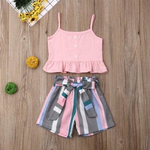 Toddler Baby Girls Summer Clothes Set Sleeveless Solid Ruffle Camisole+Stripe Shorts Children Kids Cotton Casual Outwear