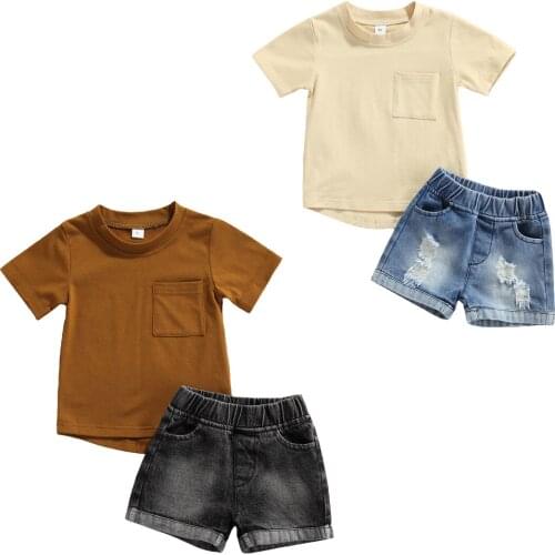 Baby Boys Clothes Set Toddler Boy Summer Outfits Solid Short Sleeve T-Shirt & Ripped Denim Short Pants Set Childrens Clothing