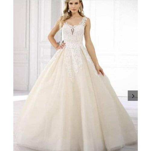 Tulle Lace V-Neck Sleeveless Floor-Length Princess A-Line Wedding Dresses Chapel Train Custom Made Bridal Gowns