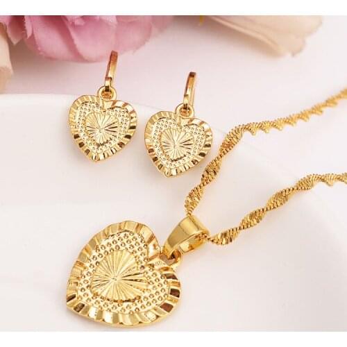 Heart Pendant Jewelry sets Classical Necklaces Earrings Set 14 k Fine Gold Filled Brass Wedding Brides Dowry women girls gif