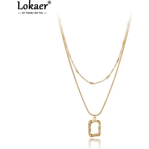 Lokaer Bohemia Titanium Stainless Steel Double Layer Geometric Pendant Necklace For Women Trendy Chain & Link Necklace N21016