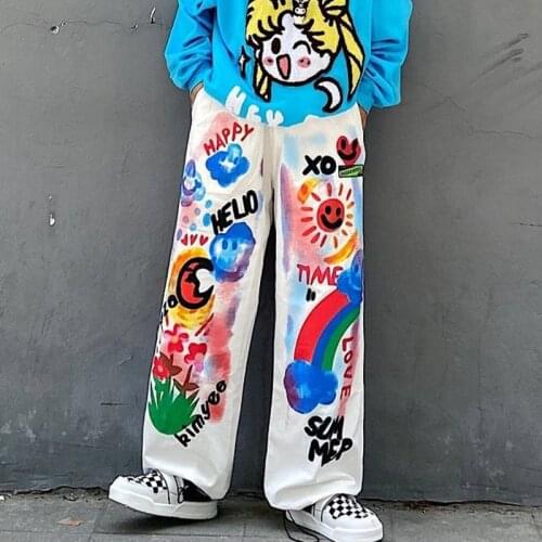 Lovely Cartoon Rainbow Sun Sweet Wide Leg Pant Pink White Girl Y2k Long Pants Draw String Pocket ELastic Waist Harjuku Trousers