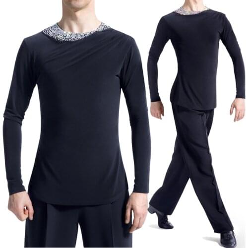 Latin Dance Mens Costume Rhinestone Collar Long Sleeves Tops Practice Outfit Samba Cha Cha Tap Competition Show Wear DNV13909