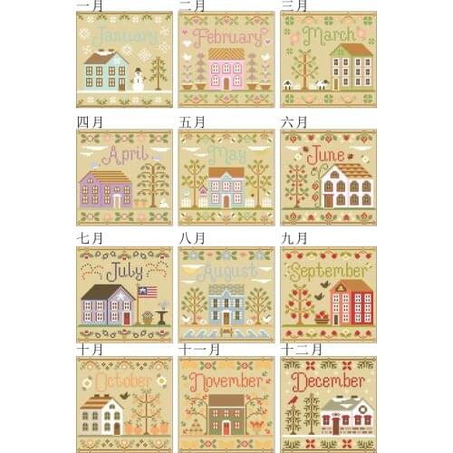 Months house cross stitch package flower aida 18ct 14ct 11ct black cloth people kit embroidery