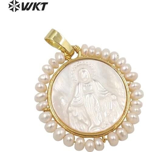 WT-JP256 New design The god of mother Virgen Maria Shell pendant fashion gold bezel white round Amen Madrededios pendants