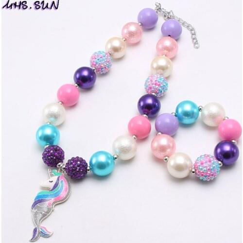MHS.SUN Adorable Unicorn Pendant Chunky Beads Necklace Girls Kids Chunky Bubblegum Necklace Child Charming Jewelry For Gift New
