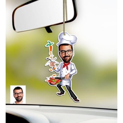 Personalized Men Chef Caricature Of Wood Car Rearview Mirror Süsü-1