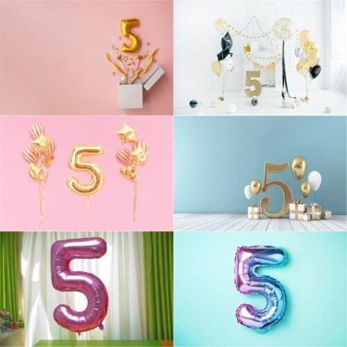 Photo Studio Props Vinyl Photography Backdrop Fifth Birthday Balloon Ribbon Decor Fives Year Old 5St Birthday Decoration