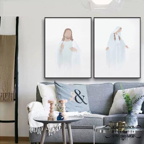 Self-adhesive Wall Stickers Virgin Mary Jesus Prints Christian Religion Blue Poster Minimalist Pictures for Home Wall Art Decor