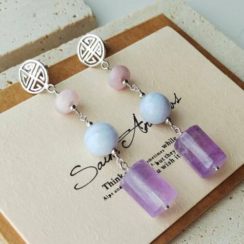 Lii JiGemstone 925 Sterling Silver Long Life Stud Earring Kunzite Amethyst Blue Lace Agate Earring Women Summer Jewelry Gift