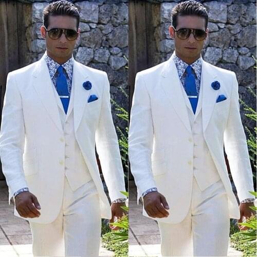 Custom Made White Linen Tuxedos Prom Mens Suits Slim Fit Wedding Tuxedo for Groom Wear 3 Pieces Set Jacket Pants Vest