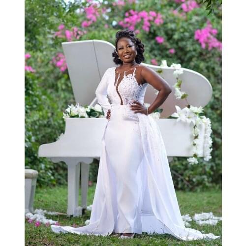 Modern One Shoulder Satin Mermaid Wedding Dress with Datachable Train Garden African Vestido de Noiva Bridal Gowns with Beading