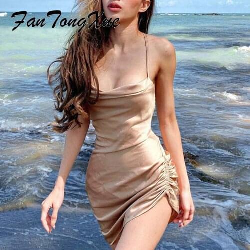 Party Dress for Women 2021 Summer Solid Satin Pleated Sexy Dresses Women Sheath Halter Backless Elegant Bandage Dress