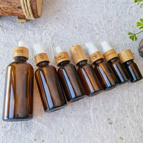 Amber frosted black glass dropper bottle With bamboo cap wood lid cosmetic pipette essential oil packaging container 5/30/50ml