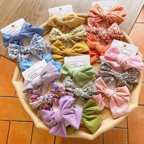 3PCS Cotton Floral Printed Bowknot Hair Clips For Cute Girls Plaid Bowknots Boutique Barrettes Kids Hair Accessories Hairpins