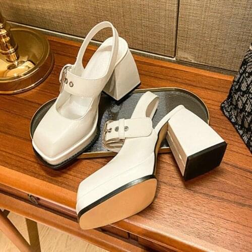 2021 New High Heel Mary Jane Sandals Female Pumps White Thick Heel Waterproof Platform Square Toe French Single Shoes