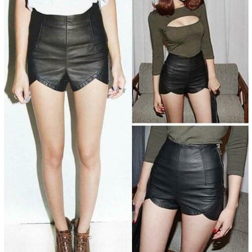 Womens High Waist Faux Leather Punk Rock Slim Asymmetric Shorts Hot Shorts Black