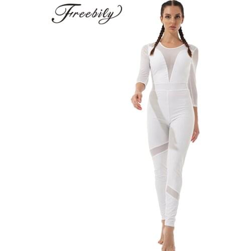 Women Adults Stretchy Gymnastics Leotards Yoga Jumpsuit Catsuit Mesh Hollow Out High Waist Bodysuit Gym Yoga Fitness Jumpsuits