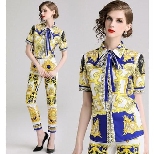 2021 summer Fashion Runway Designer Sets Womens short Sleeve Retro Pattern Print shirt Tops+ Pants Set 2 Piece Sets