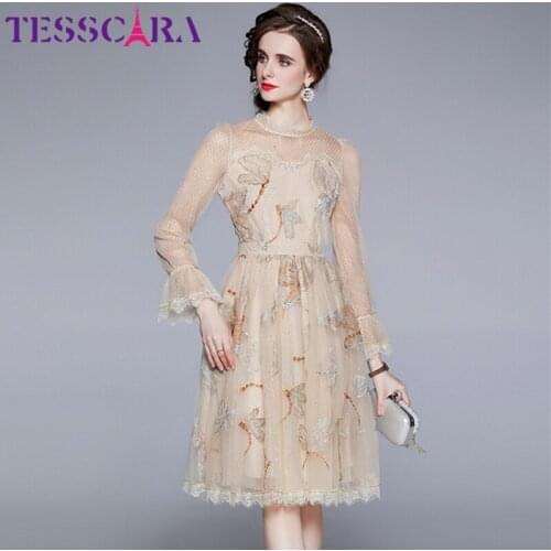 TESSCARA Women Autumn Luxury Embroidery Dress Festa High Quality Long Wedding Party Robe Femme Runway Designer Mesh Vestidos