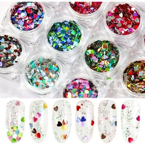 12 pots Mixed Color Heart Shape Nail Sequins Flakes Pink Purple Silver Glitter Paillette Manicure Nail Art Decoration Accessorie