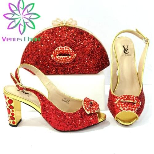 2021 Red Color Italian Design Party Elegant Women Shoes and Bag Set full of Rhinestone New Arrival Mixin Metal Decoration