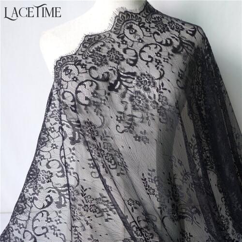 3 Meters Long 150cm Wide Soft French Embroidery Flower Tulle Eyelash Lace Fabric In Black For Woman Dress, Costume Design
