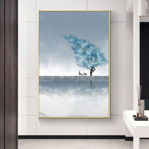 Abstract Blue Tree By The River Modern Hand Painted Oil Painting On Canvas Wall Art Handmade Unframed Art For Home Decoration
