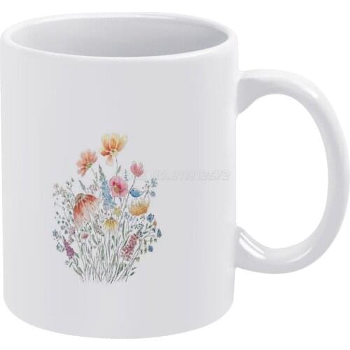 Wild Flower Bouquet And Blue Bird-line And Watercolor 2 White Mug Coffee Mug 330ml Ceramic Home Milk Tea Cups and Mugs Travel Gi