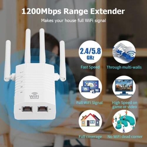 Wireless WiFi Repeater with Sufficient Durability and Ruggedness 1200Mbps Signal Amplifier 4 Antenna WiFi Range Extender