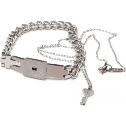 Couple Titanium Steel Lock Bangle Bracelet & Key Pendant Necklace Love Sets Gift