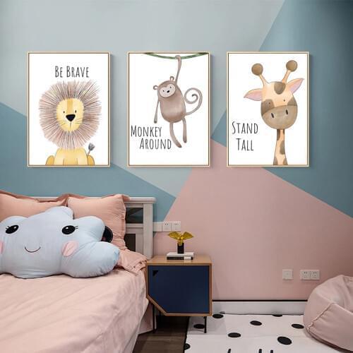 Childrens Room Decor Wall Art Picture Cartoon Animal Lion Hippo Deer Girl Bedroom Decoration Poster Print Canvas Painting