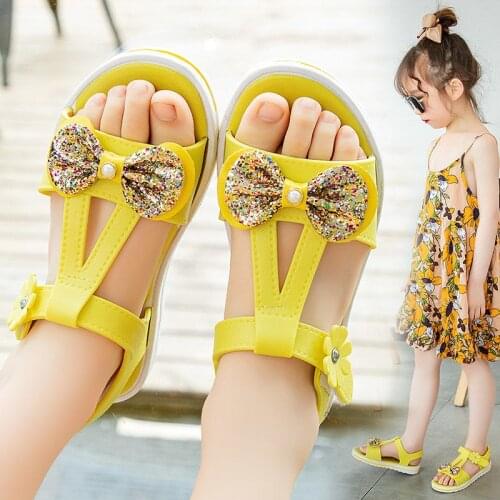 Childrens Sandals 2021 Summer Big Girls School Bow Bling Fashion Yellow Blue Soft Bottom Korean Version Beach Princess Sandals