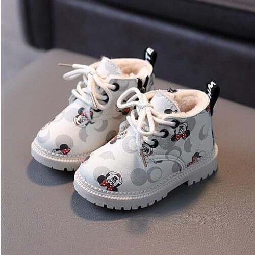Disney Minnie Mouse Cartoon Children Snow Boots Fashion Winter Plush Boots For Girls Boys Ankle Boots With Zipper Pink White