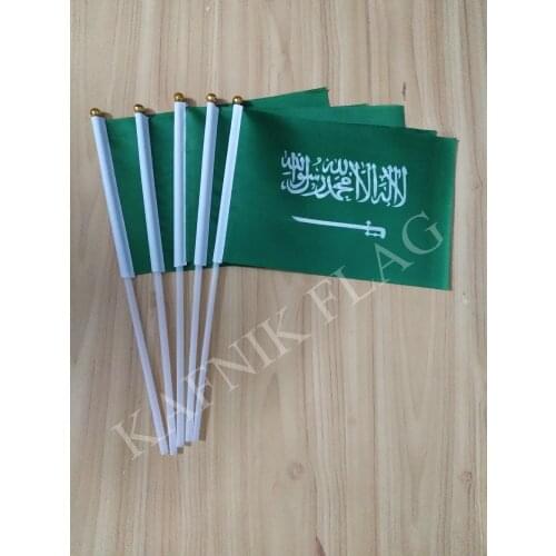 KAFNIK,5pcs Saudi Arabia flag 14*21CM Saudi Arabia Flag with Pole Handing flag Free Shipping