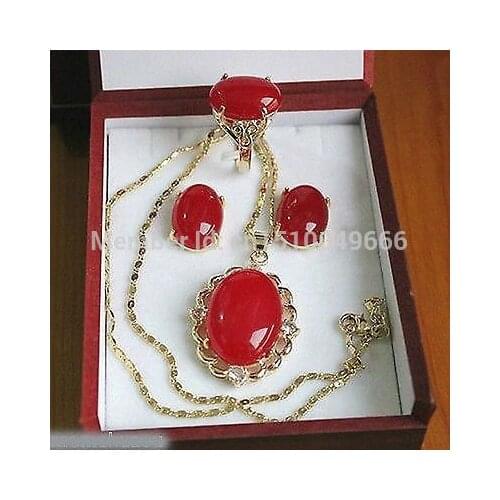 Hot sale FREE SHIP>>>>Latest ! Fashion jewelry red jade pendants, earrings , rings 7-9 # Set