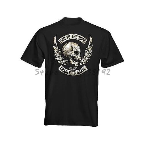 Mens T-Shirt Bad To The Bone Motorcycle Biker Bobber Chopper Skull mens top tees cotton shirt