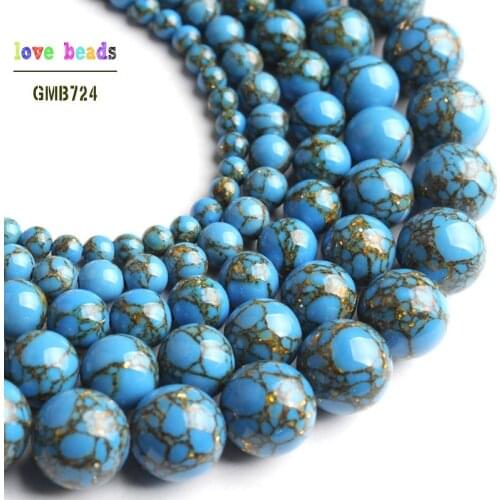 Blue Howlite Spun Gold Loose Stone Round Beads for Jewelry Making DIY Bracelet 15'' strand 4/6/8/10/12mm