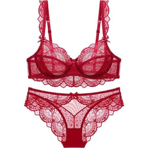 Sexy Lace Ultra Thin Transparent Bra and Panties Set Large Size Underwear Set Lingerie Women Brassieres A B C D E Cup 95C 95D