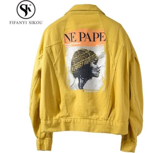 Streetwear Women Denim jacket Casual Basic Coats Fashion Print Diamonds Long sleeve jeans jacket women Spring Loose Denim coat