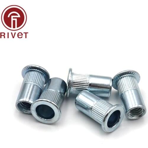 M3/M4/M5/M6/M8/M10/M12 Zinc Plated Carbon Steel Knurled Nuts Flat Head Threaded Rivet Insert Nutsert Cap Rivet Nut 10PCS