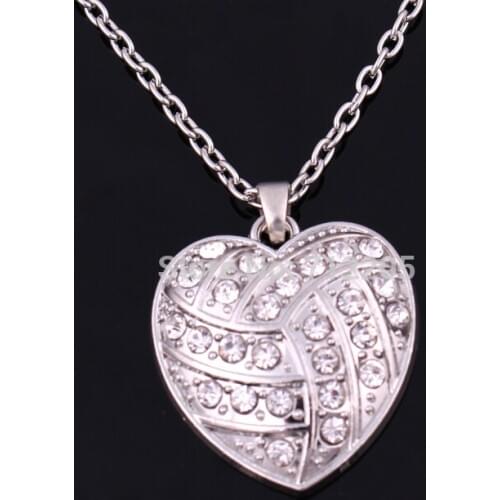 New Arrival 10pcs fashion rhodium plated big hearts volleyball with clear crystals sports chain necklaces